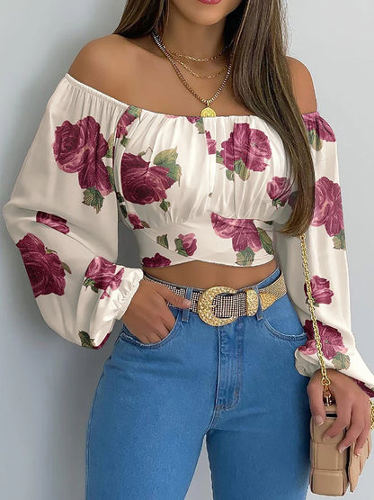 Women Sexy Off Shoulder Printing Blouses Chic and Elegant Lantern Long Sleeve Lace Up Bow Cropped Tops Casual Slim Shirts 2023