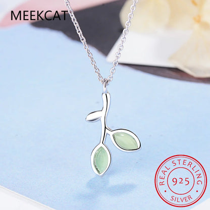 Olive Branch Leaves Green Enamel 925 Sterling Silver Pendant Necklace for Women Gemstone Choker Statement 45cm Chain