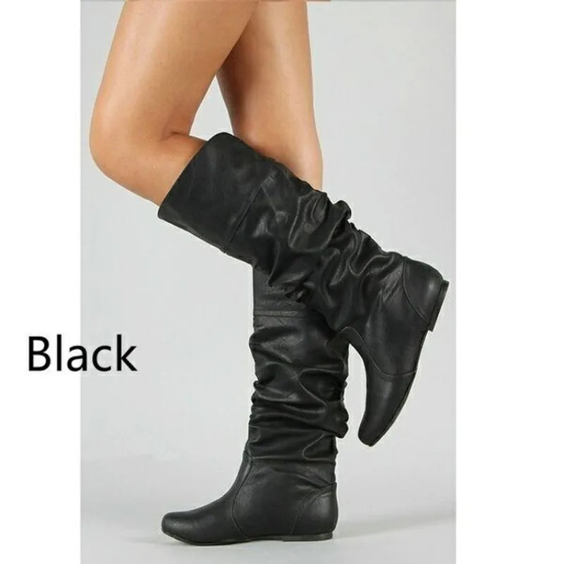 Women's leather small and medium-sized long boots casual set autumn