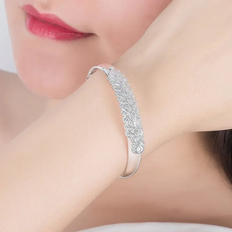 925 Sterling Silver Peacock Opening Screen Bracelet For Women Luxury Designer Texture Open Bracelets Party Original Jewelry Gift