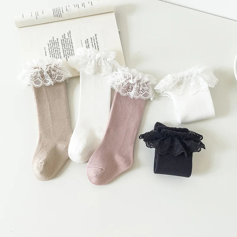 Baby Girls Knee High Socks Long baby Soft Cotton Lace Stuff Princess Sock Ruffle 0-2 Years Newborn Leg Warmers Cute Girl Socks