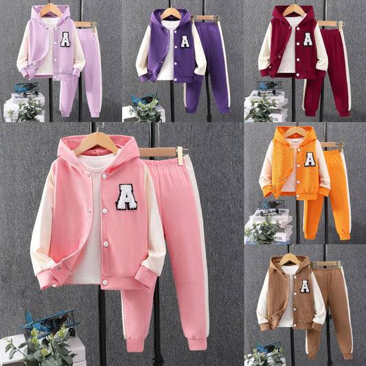 2pc Toddler Girl's Stylish Color Clash Set - Cozy Hooded Varsity Jacket & Soft Corduroy Sweatpants - Perfect Kid's Ensemble for