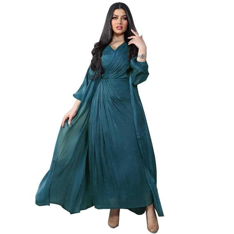 Muslim Women Clothes Silk Satin Eid Ramadan Abaya 2 Piece Set Kaftan Kebaya Moroccan Abayas Dubai Luxury Islamic Caftan Femme