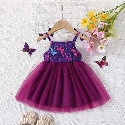 Summer New Girl's Cute Bow Suspender Patchwork Beautiful Mesh Fluffy Princess Dress Baby Birthday Party Dress