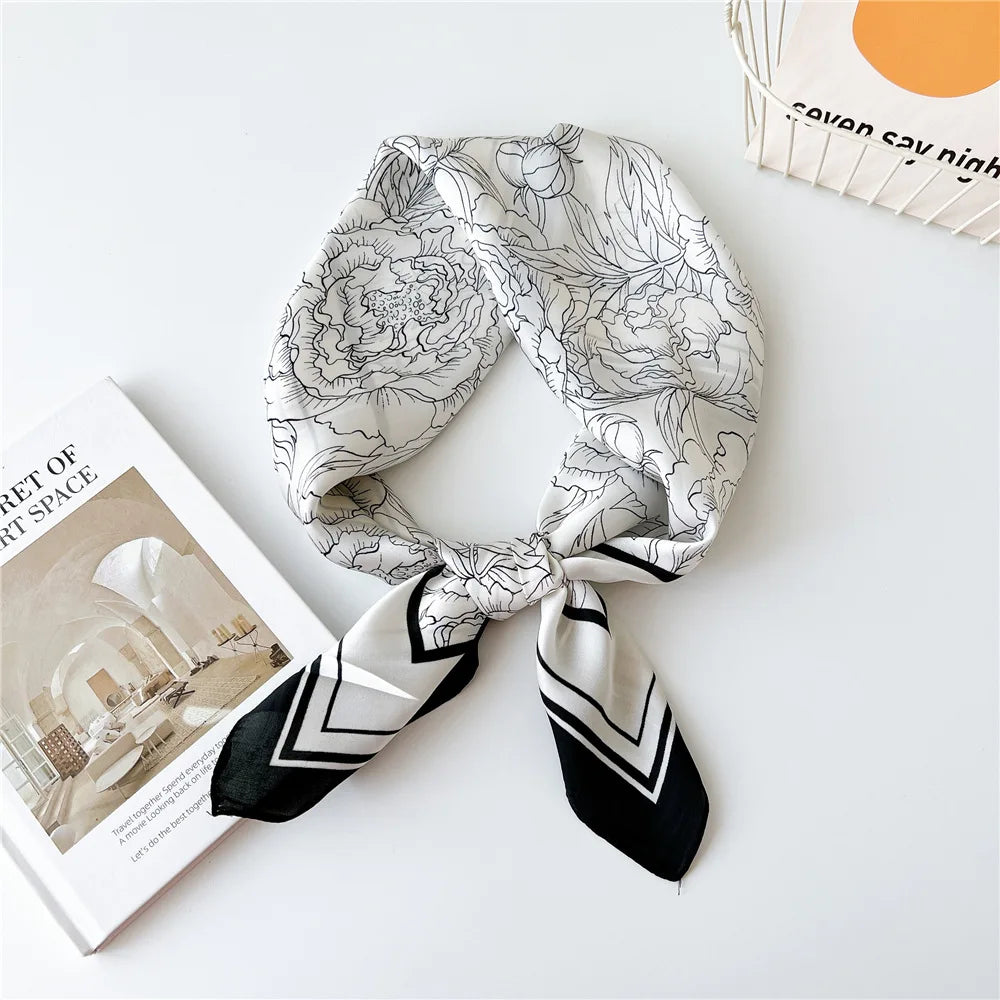 Blooming Flower Print Scarf for Women Neckercheif Satin Silk Square Scarves Hairbands Ribbon Shawl Wraps Lady Hijab Headband