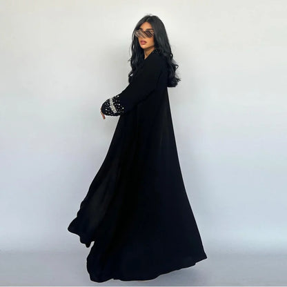 Muslim Black Abaya Dubai Luxury Open Cardigan Women's Prayer Garment Caftan Femme For Evening Robe Clothes Large Size With Belt