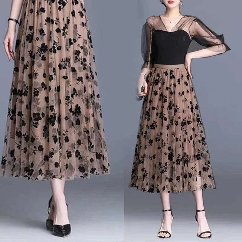 Elegant Mid-length All-match High-waist Slimming Flocking Floral Mesh Long Gauze Skirts Women Autumn Spring High Waisted