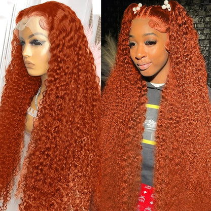 Orange Ginger Deep Curly Human Hair Wigs 13x4 13x5 Ginger Deep Wave 350 Colored Water Wave Wig 13x6 Transparent Lace Front Wigs