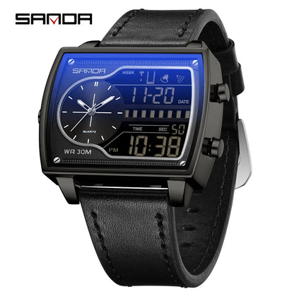 SANDA 6163 Fashion Trend Men's Quartz Watch Fashion Square Watch Countdown Sports Waterproof Dual Display Digital Men's Watches