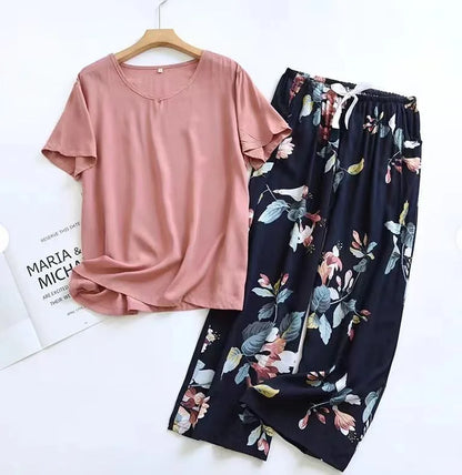 Women Elegant 2Pcs Floral Print Household Wear Ladies Loose Thin Rayon Pajamas Set Multi-Color Cotton Satin Sleepwear For Spring