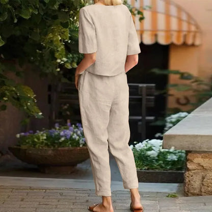 Women's Cotton Linen Suit Summer Matching Suit Half-sleeved Round Neck Tie Elastic Waist Trousers Wide-leg Pants Retro Suit