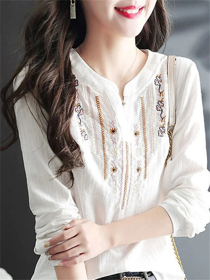 Women Spring Autumn White Blouses Tops Lady Casual Embroidery V-Neck Long Sleeve Vintage Loose Blusas Top