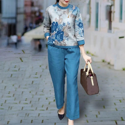 Fashion Women Loose Print Set Female Cotton Linen Outfits Commuter Elegant O-Neck Long Sleeve Tops Shirt And Straight Pants Suit