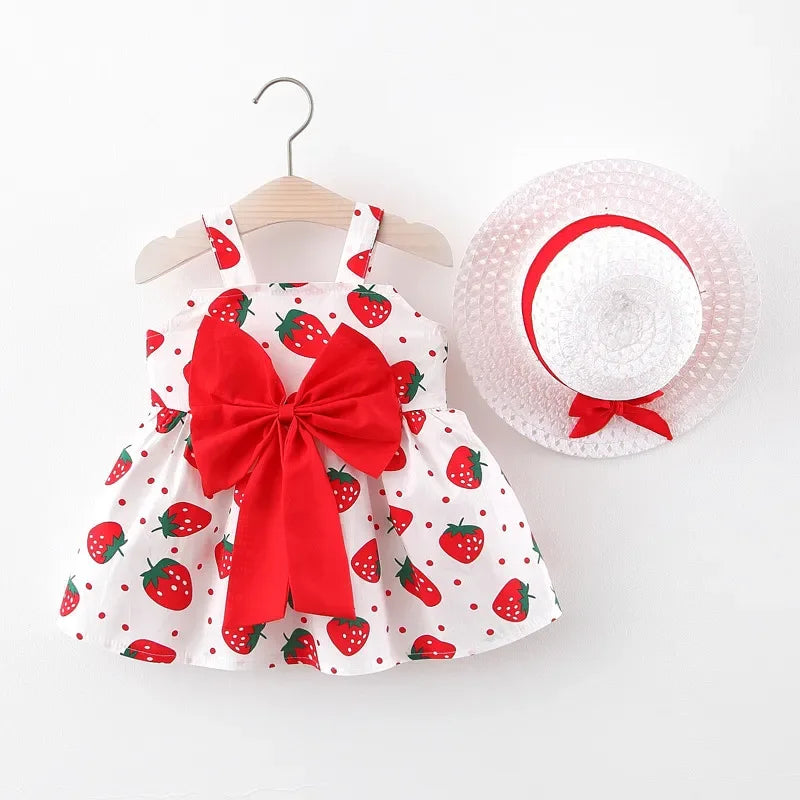 2Pcs/Set Summer Toddler Girls Dress Sweet Bow Strawberry Sleeveless Baby Clothes Suit Princess Party Children Costume 0 To 3 Y