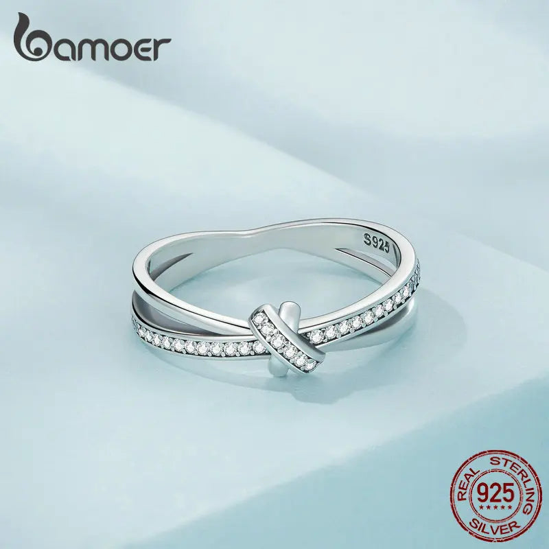 Bamoer Real 925 Sterling Silver Vintage Knot Band Rings For Women Retro Clear CZ Wedding Ring Bezel Fine Jewelry Gift Making