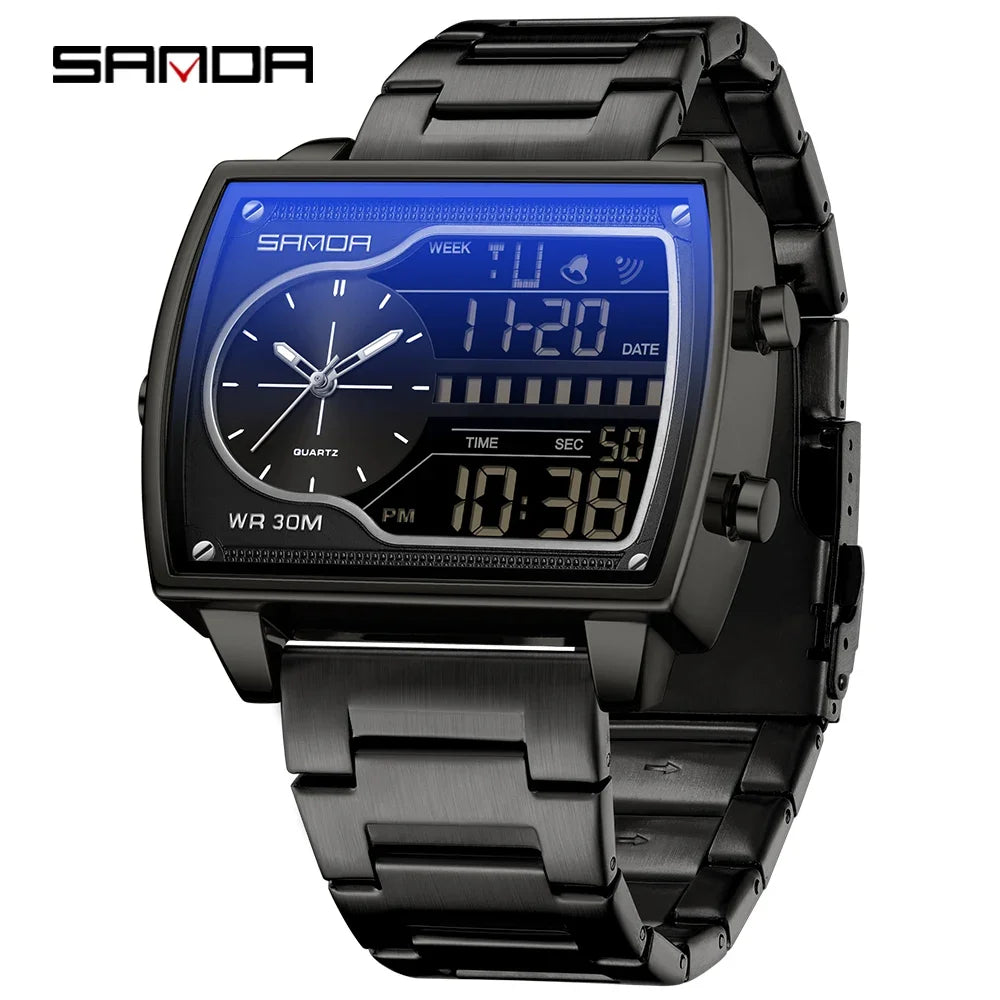 SANDA 6163 Fashion Trend Men's Quartz Watch Fashion Square Watch Countdown Sports Waterproof Dual Display Digital Men's Watches