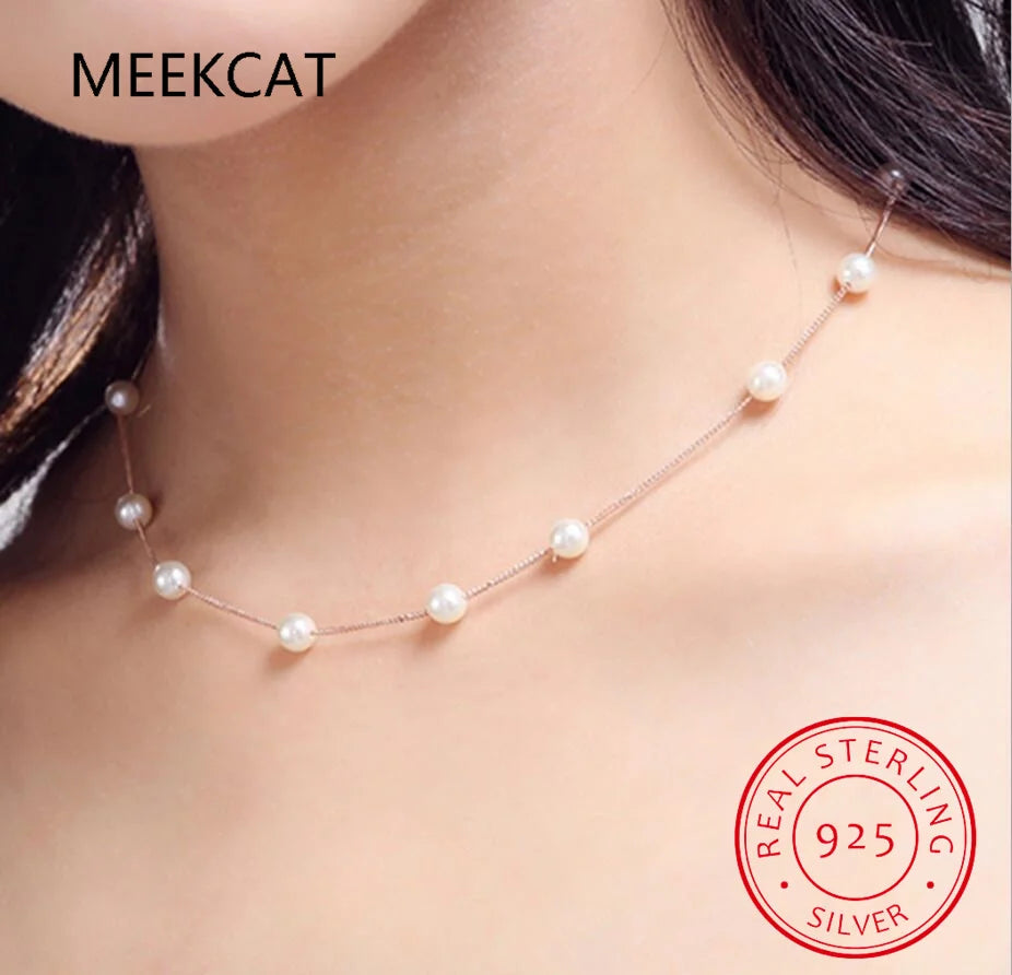 Real 925 Sterling Silver Natural Freshwater Pearl Charm Necklace Choker Short Chain Necklace Jewelry Wedding Accessories D9320