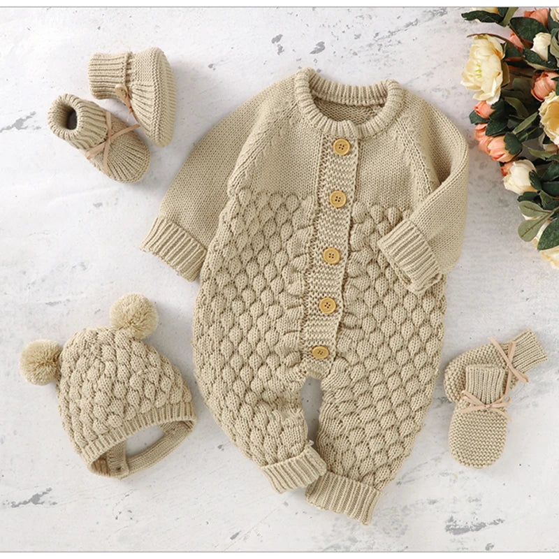 Winter Warm Knitted Baby Rompers & Shoes + Gloves