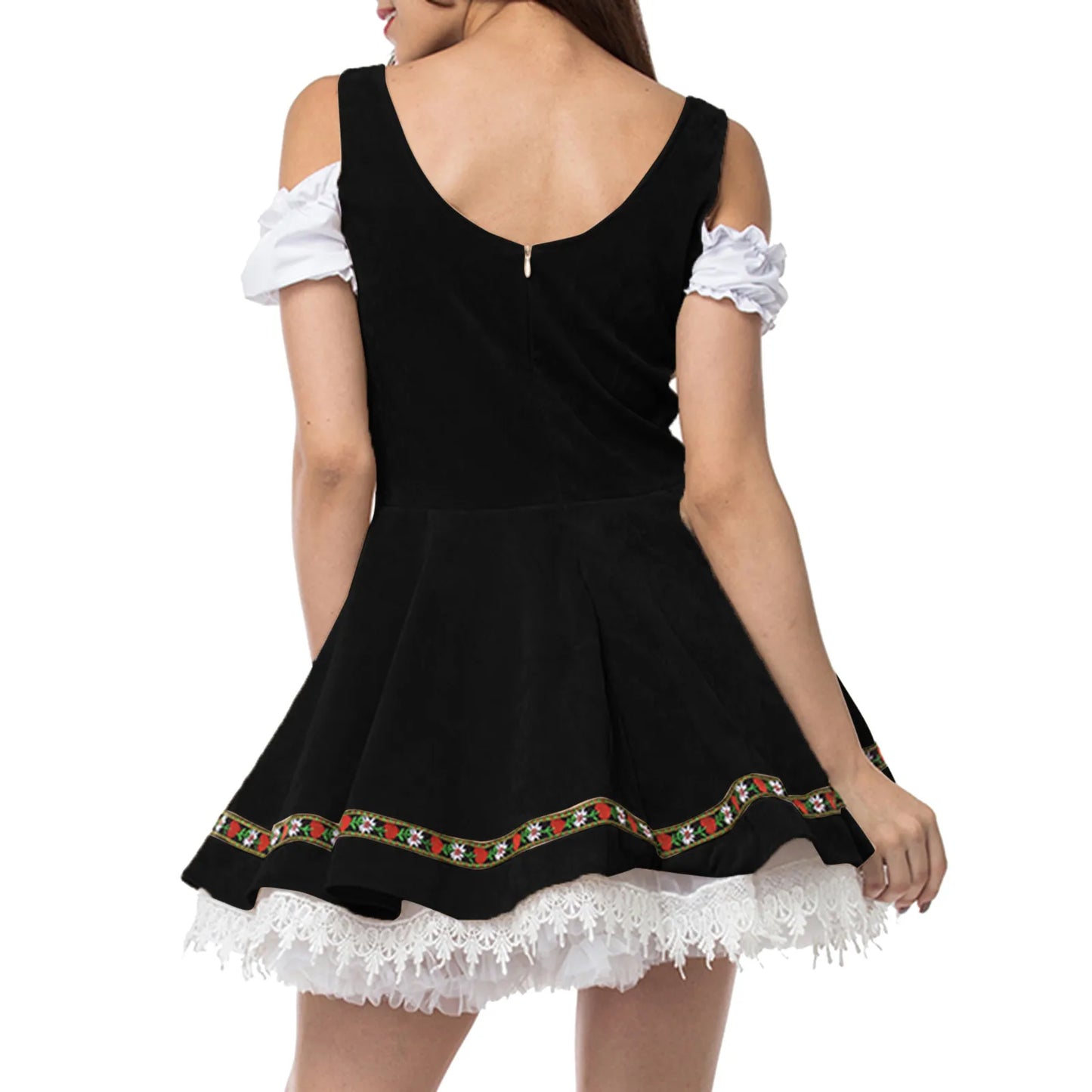 Traditional Oktoberfest Costume Women Vintage Ruffle Lace Trim Dirndl Dress German Bavarian Maid Stage Performance Costumes