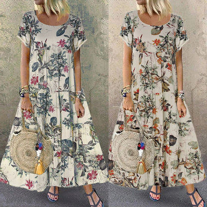 Stand-alone Women's Retro Floral Print Short-sleeved Round-neck Dress