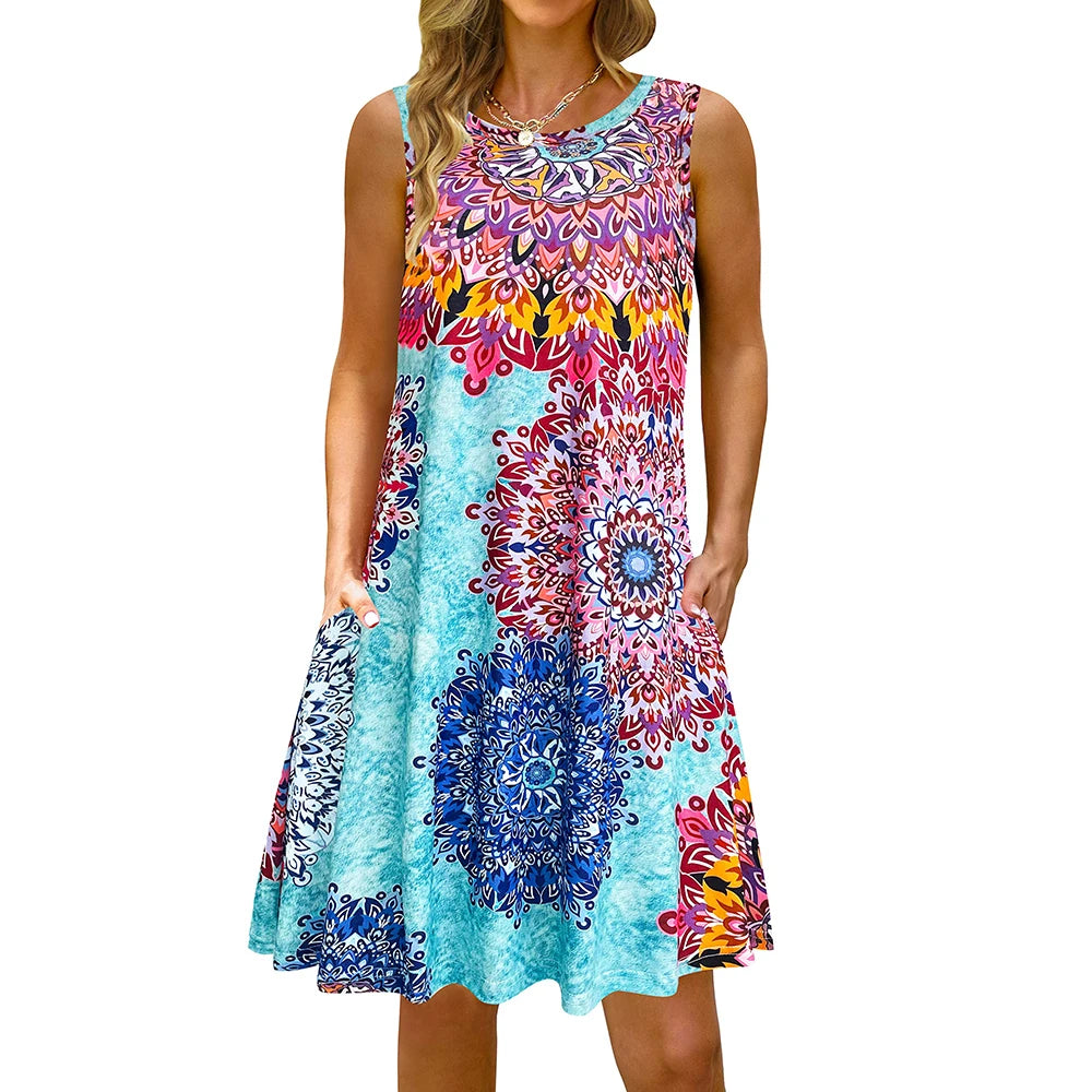 Colorful Printed O Neck Long Dress Casual Bohemian Sleeveless