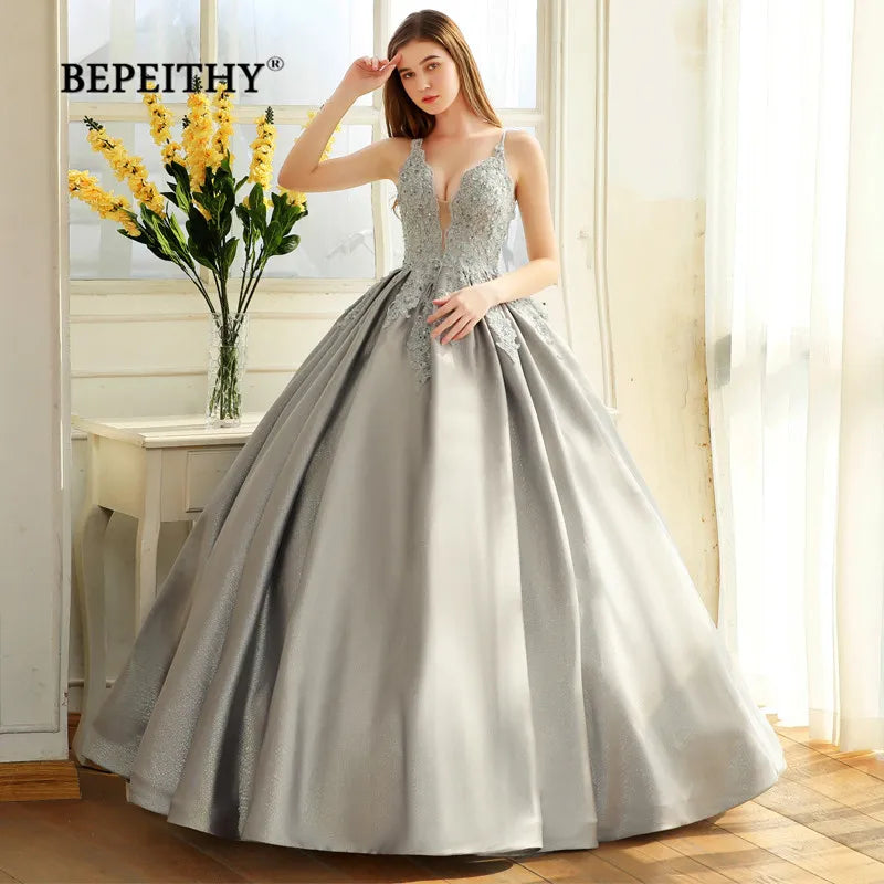 BEPEITHYCustomized Elegant Ball Gown Evening Dress Spaghetti Straps Lace Bodice Glitter Fabric Prom Vestidos De Ocasión Formales