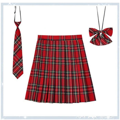 Women Plaid Pleat Skirt With Necktie Bowtie