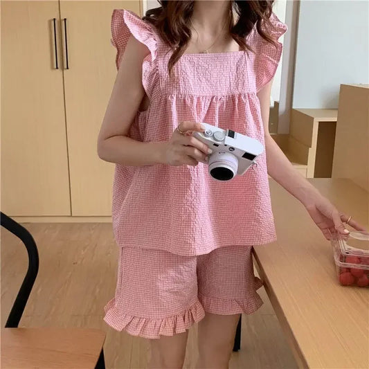 Plaid Sleepwear Women Pajamas Shorts Set Fly Sleeve Korean Kawaii Pijama Ruffles Summer Home Clothes Suit Sleeping Night Wear