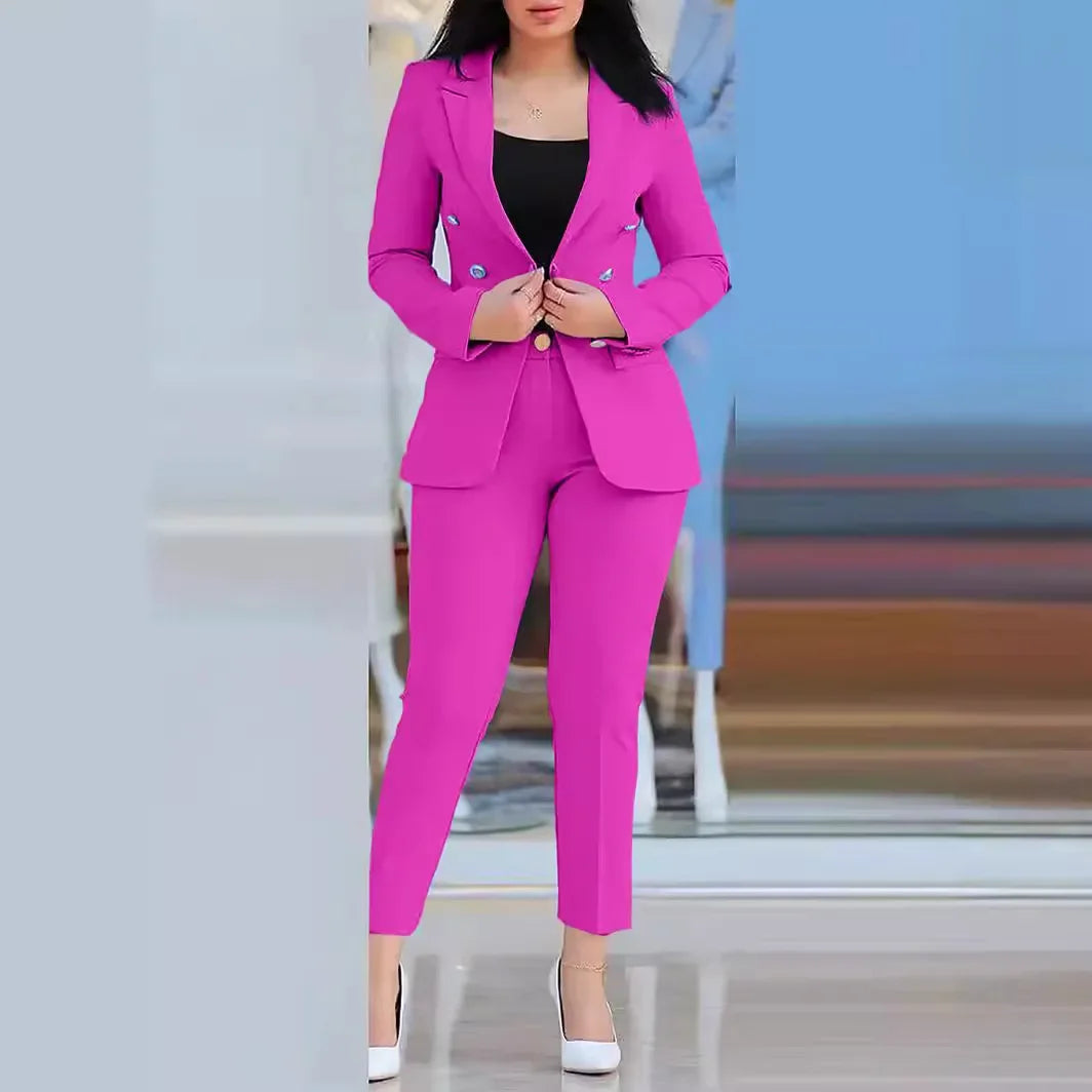 2pcs Women Office Clothing Set Long Sleeve Blazer Jacket & High Waist Pencil Pants Solid Color