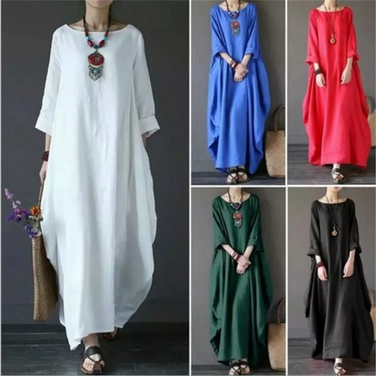 New Loose Size  Mid-Sleeve Cotton And Linen Long Dress