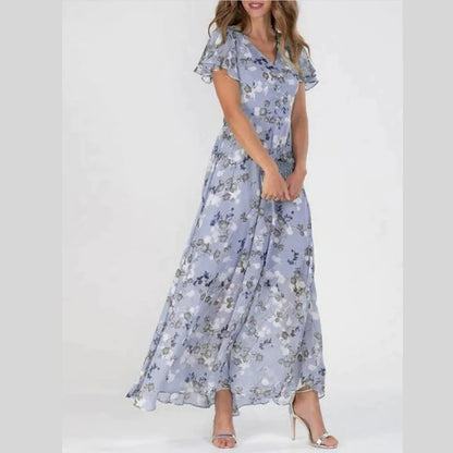 Beach Holiday Chiffon Midi Dress Women Fashion V-neck Short Sleeve Dresses For Women 2024 Summer Floral Print Long Dress Ladies