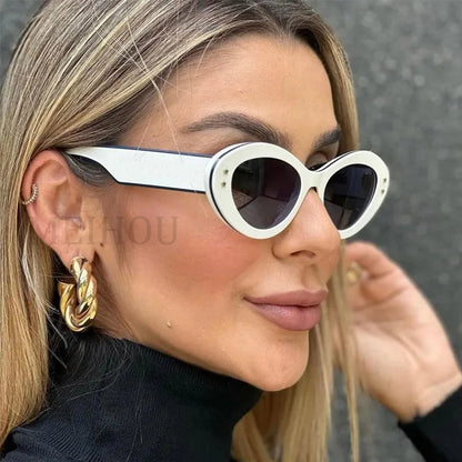 Fashion Brand Oval Women Sunglasses Vintage Luxury Design Rivet Cat Eye Ladies Sunglasses Retro Black Eyewear Shades UV400