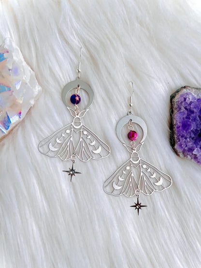 2 Pcs Exquisite Moon Star Moth Insect Bohemian Silver Color Asymmetrical Copper Earrings Women Daily Party Gift Jewelry