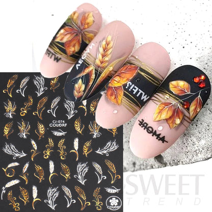 3D Autumn Maple Leaf Nail Stickers White Gold Feather Letter Squirrel Holographic Sliders Anime Design Manicure Decoration JICJ