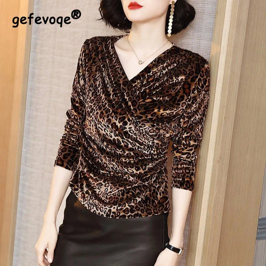 Spring New Leopard Female Clothing 2023 V-neck Pullovers Long Sleeve Bottoming Shirt Women Asymmetrical Slim Sexy T-shirt