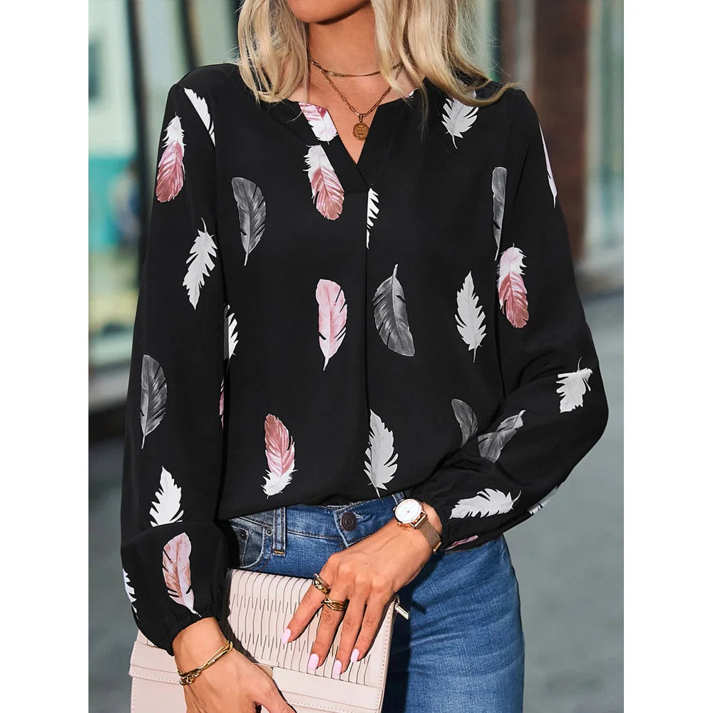 2024 New Spring Summer Women Casual T Shirt Fashion Feather Printed Long Sleeve V Neck Loose Blouses Tops Female Pullover TShirt