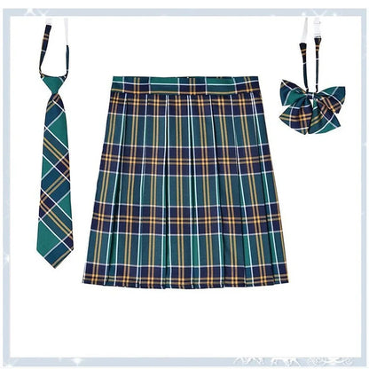 Women Plaid Pleat Skirt With Necktie Bowtie