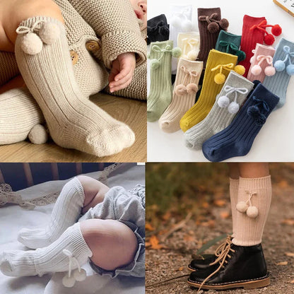 Autumn Winter Kawaii Baby Stockings Cotton British Princess Knee High Long Bow Pom Tube Socks for Girls Knitted Sock Warmer 0-4y