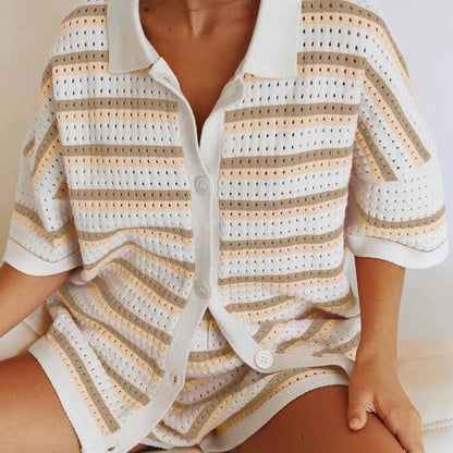 Women Casual 2 Pieces Set Loungewear Matching Suits Stripe Contrast Color Button Crochet Knit Blouse Tops + Shorts Outfits