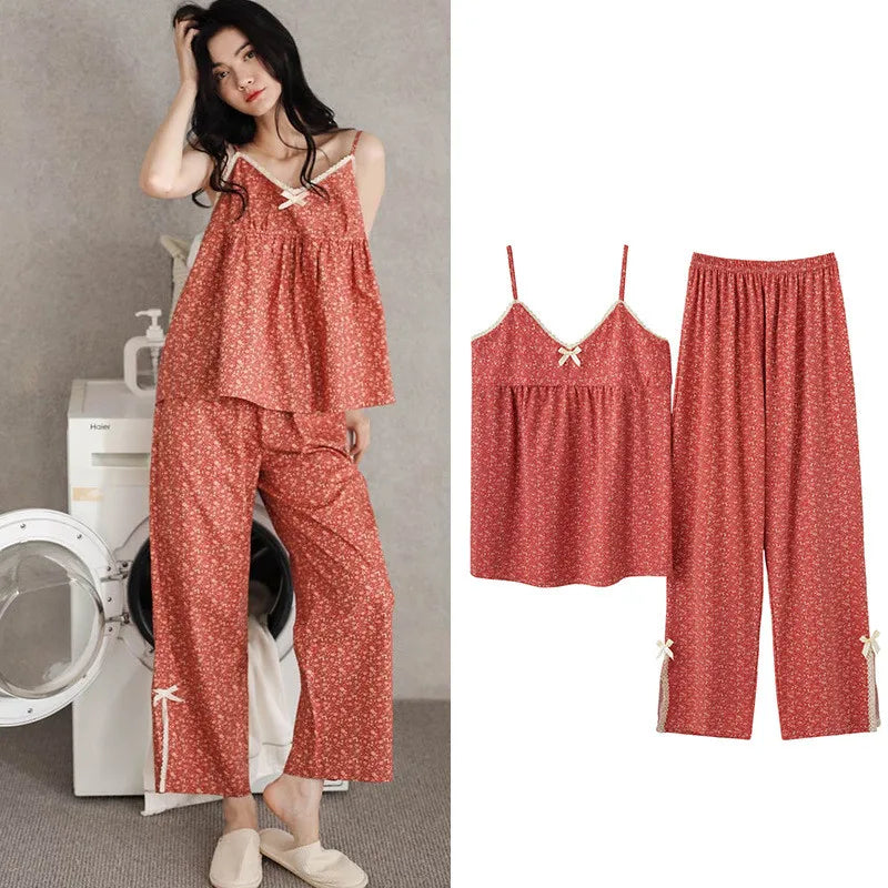 Fdfklak Sexy Sleepwear Set Women's Summer Pajamas Thin Suspenders V Neck Shirt Pant Suit Small Floral Modal Home Clothes M-3XL