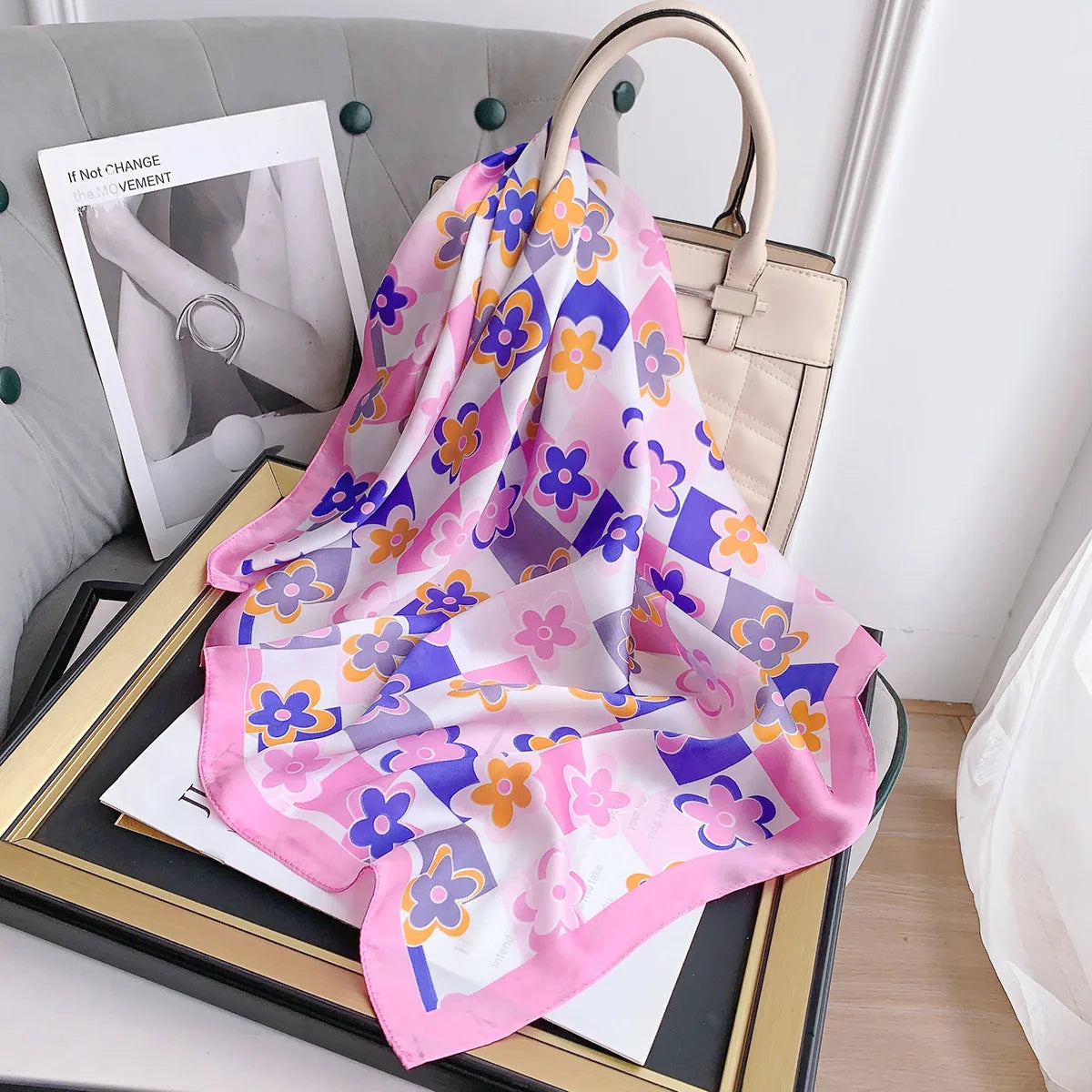 70*70cm Flower Silk Square Scarf Women Satin Shawl Wrap Hijab Female Hair Band Wrist Luxury Headkerchief Echarpe 2023 Bandana