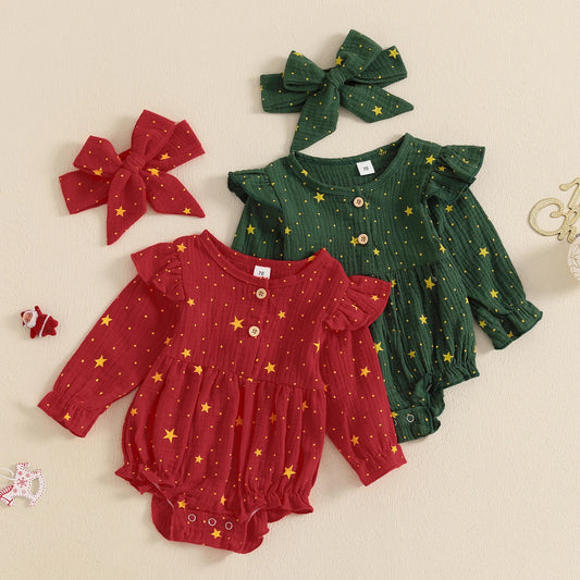 Autumn Christmas Infant Baby Girl Bodysuit Star Print Long Sleeve Jumpsuit Headband Xmas Clothes