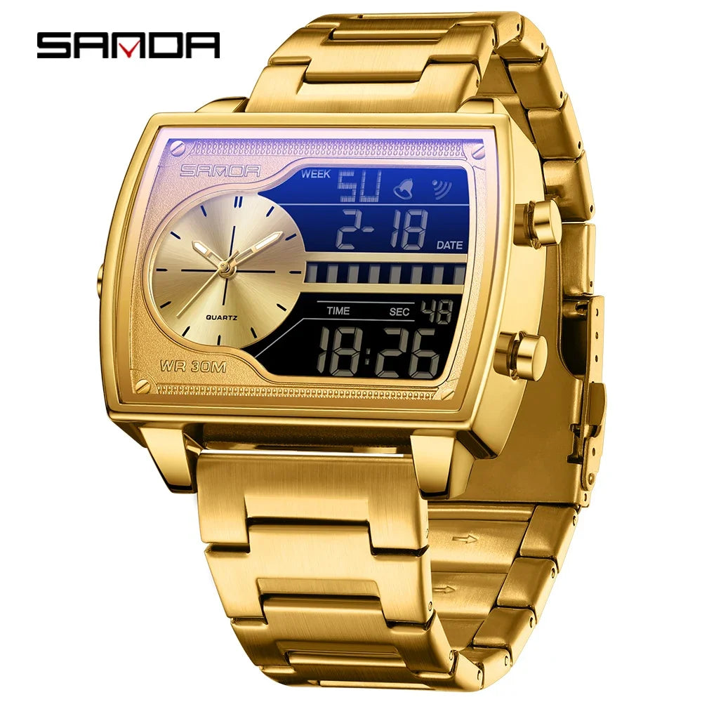 SANDA 6163 Fashion Trend Men's Quartz Watch Fashion Square Watch Countdown Sports Waterproof Dual Display Digital Men's Watches