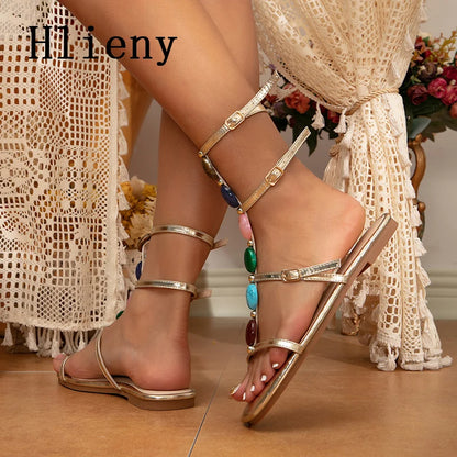 Hlieny Roma Gladiator Flats Heels Womans Sandals 2024 Summer Beach Fashion Open Toe Buckle Strap Casual Shoes Golden