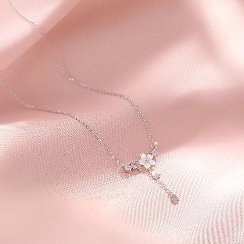 100% Real 925 Sterling Silver Cherry Flower Shell Long Tassel Necklace for Women Sweet Heart Pendant Clavicle Chain Necklace