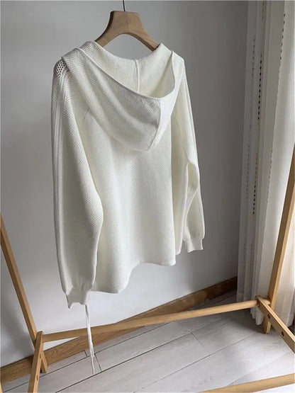 Lazy Style Women Hollow Out Hooded Knitwear Spring Summer White Long Sleeve Casual Loose Pullover Tops Female Sweater