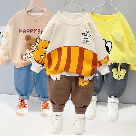 0-5-year-old cartoon two-piece set of long-sleeved spring new boys and girls casual sports suits top+pants mother kids