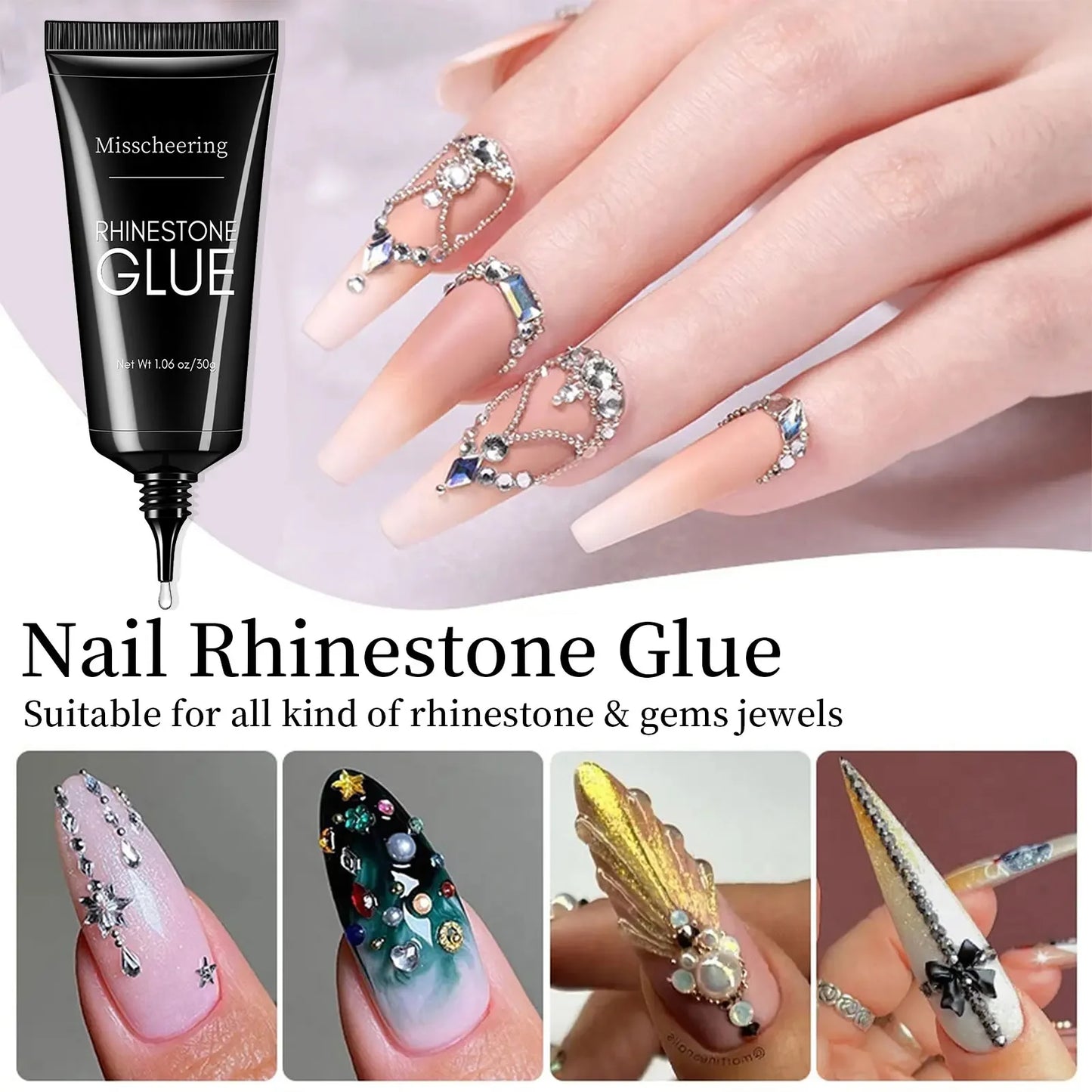 30g Nail Rhinestone Glue for Nails Super Strong Gel Nail Glue for Nail Charm 3D Nails Bling Gel Decoration Gem Nail Art Diamonds