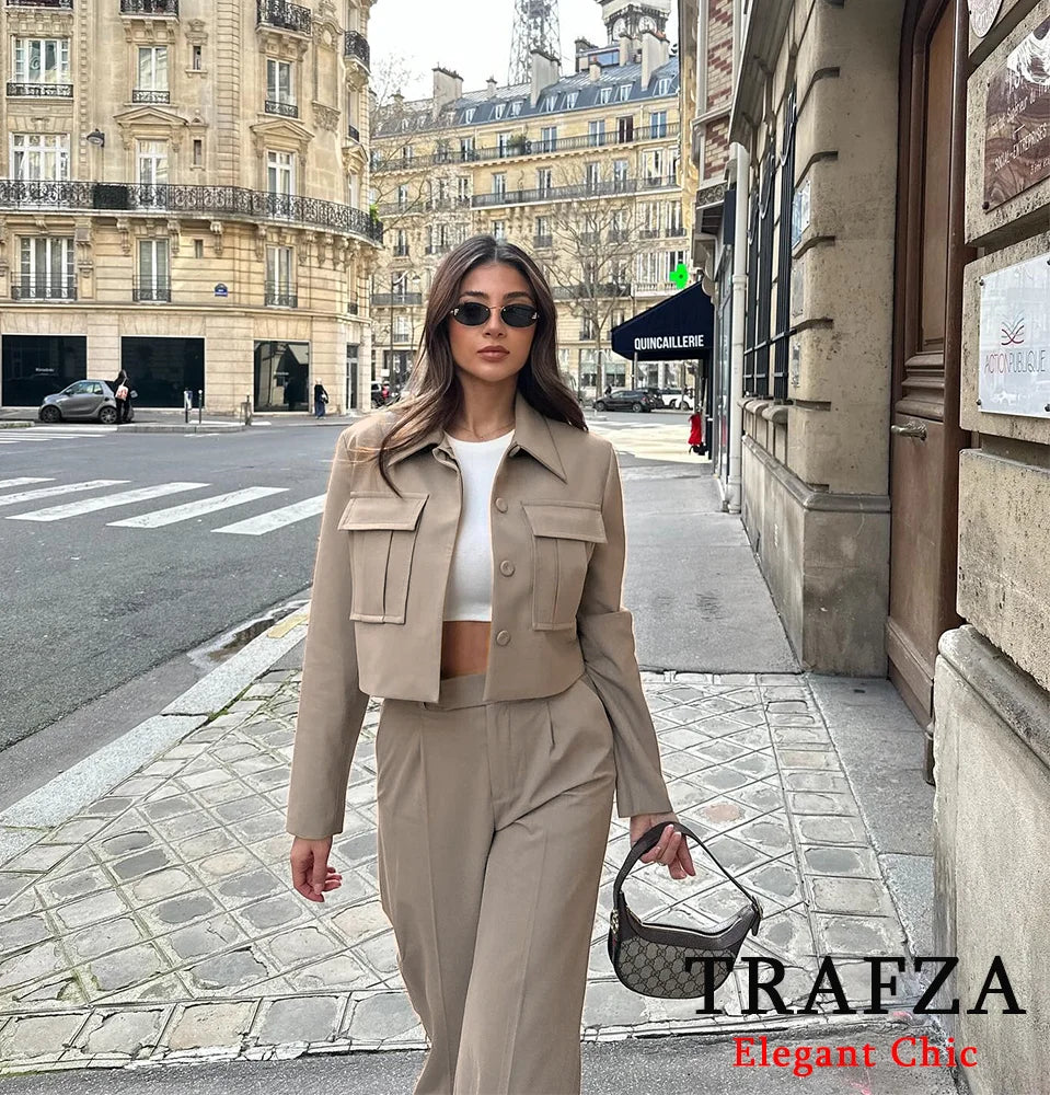 TRAFZA Casual Short Blazer Suit Women Pockets Lapel Jacket with Pants New 2024 Spring Fall Holiday Commuter Blazer Suit