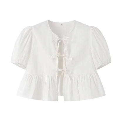 TRAF White Crop Top Women Black Ruffle Short Puff Sleeve Blouse Female Bow Tied Summer Blouses Woman 2024 Ruched Cute Tops